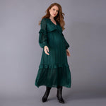 Motherhood Maternity Women's Long Sleeve V-Neck Tiered Maxi Pregnancy Dress with Drawstring, Forest Biome, X-Large