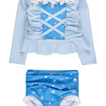RuffleButts Girls UPF50+ Princess Dress-Up Long Sleeve Rash Guard 2-Piece Swimsuit - Crystal Blue Princess, 2T