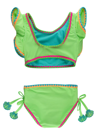 RuffleButts Girls UPF50+ Crochet Detail Butterfly Tankini 2-Piece Swimsuit - Neon Honeydew, 2T