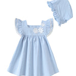 Kucnuzki Baby Girl Clothes 3 6 Month Girl Clothes Summer Blue Baby Dress Ruffle Fly Sleeve Square Neck A Line Casual Sundress Infant Dress Cute Outfit with Hat