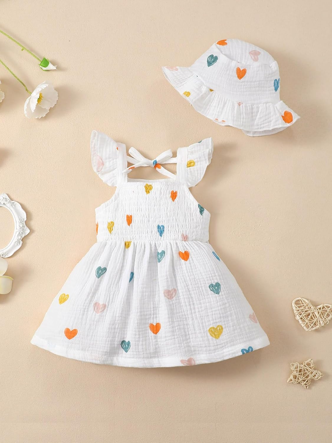 Renotemy Infant Baby Girl Dresses Toddler Girl Clothes Summer Cotton Linen Boho Smocked Sundress Gift for Girls with Hat
