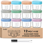 Set of 12 glass baby food storage containers with colored lids on a cardboard box.