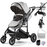 2-in-1 Convertible Baby Stroller with Bassinet Mode, Toddler Stroller with Reversible Seat, Foldable Infant Stroller with Adjustable Canopy, Cup Holder, Mommy Bag, Bassinet Pram for 0-36 Months, Grey