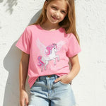 PATPAT Girls T Shirts Size 8-9 Years, Pink Unicorn Print Graphic Tees Crew Neck Short Sleeve Shirts Preppy Clothes Birthday Outfits Cute Tops
