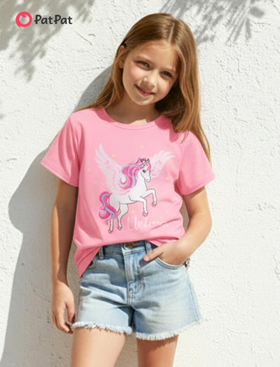 PATPAT Girls T Shirts Size 8-9 Years, Pink Unicorn Print Graphic Tees Crew Neck Short Sleeve Shirts Preppy Clothes Birthday Outfits Cute Tops