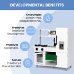 Delta Children Deluxe Modern Kitchen - Toy Kitchen Playset with Realistic Knobs that Turn/Click, Oven, Sink and Fridge/Freezer with Ice Maker, White