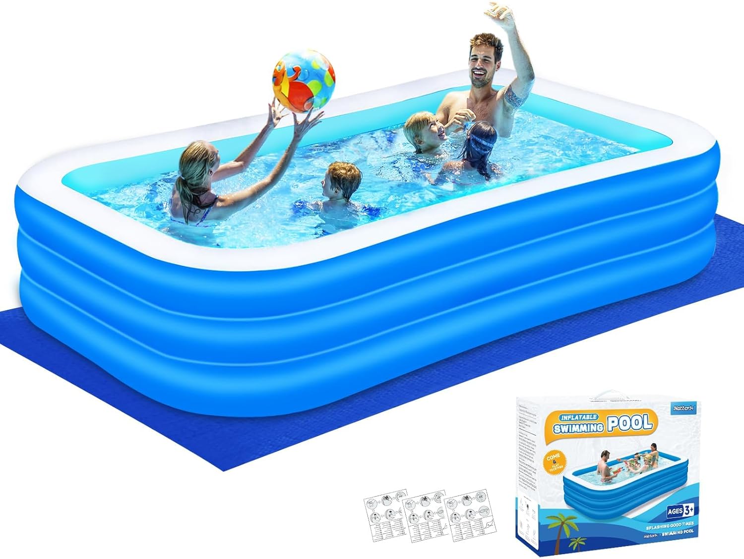 Nattork Inflatable Swimming Pool for Kids and Adults- 118" x 68" x 22" Family Full-Sized Blow Up Pools for kids -Thickened Durable Above Ground Swimming Pool Backyard Lawn, Indoor Outdoor Summer Party