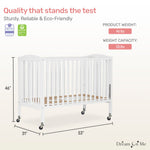 Dream On Me Folding Full-Size Convenience Baby Crib in White, GreenGuard Gold & BSA, Portable, Patented Quick Folding System, Strong Wheels, 2 Adjustable Mattress Heights