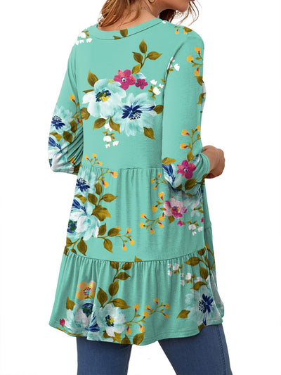 Xpenyo Women Fashion Tops Tiered Shirts 3/4 Long Sleeve Casual Maternity Blouse Shirts Mint Green Flower 2XL