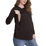 Motherhood Maternity Women's Long Sleeve Scoop Neck Tulip Nursing Tee Shirt for Breastfeeding with Easy Access, Chocolate Tort, Large