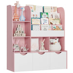 Fotosok 47'' Multifunctional Kids Bookcase with 5 Cubbies and 3 Movable Drawers, Display Stand, Toy Storage for Bedroom, Playroom, Hallway, Pink