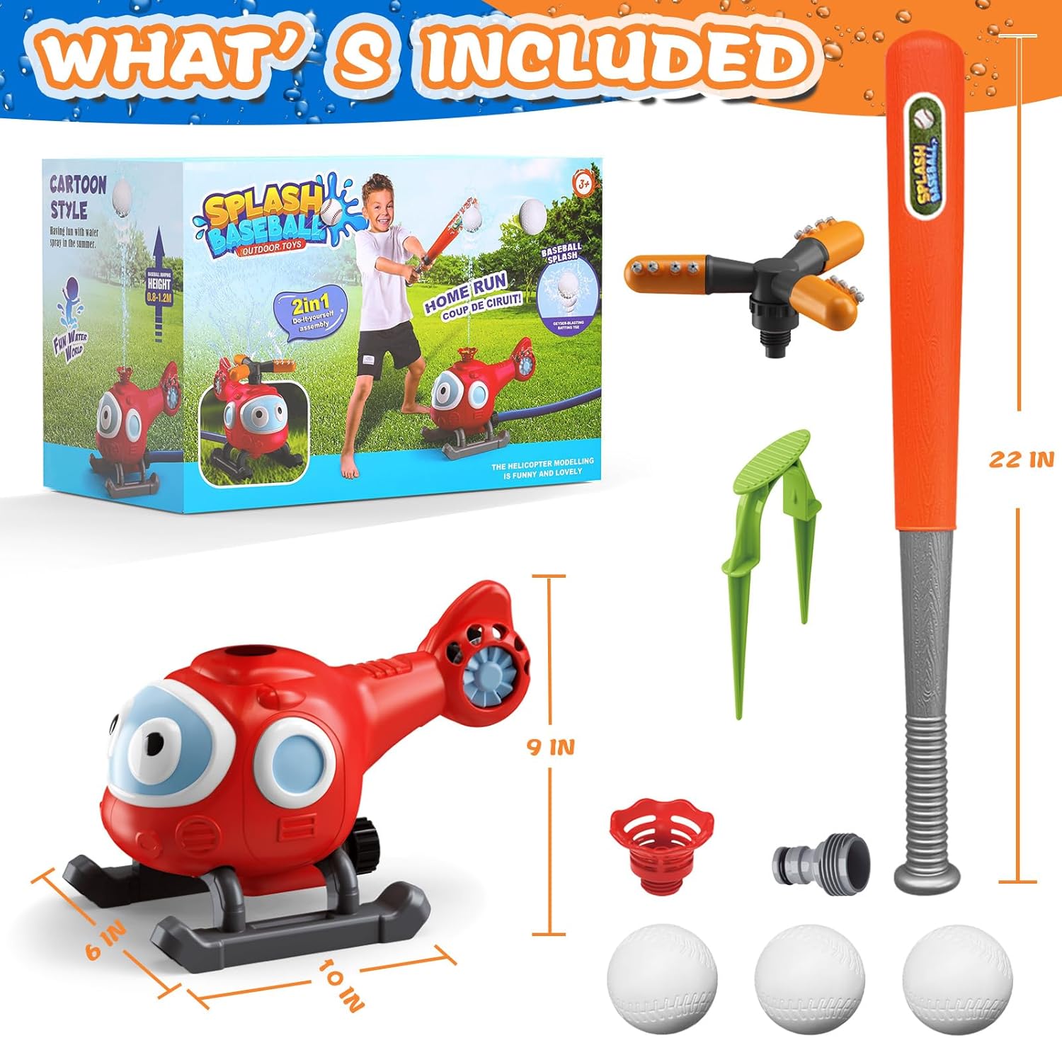 Water Sprinkler Baseball Toy for Kids, 2 in 1 Helicopter Water Sprinkler T Ball Set with 2 Spray Modes, Summer Outdoor Water Spray Toys for Toddlers Yard, Ages 3+