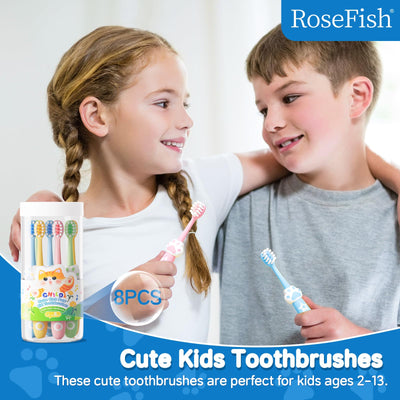 RoseFish 8 Pack Kids Toothbrushes Extra Soft Toddler Toothbrush 2-8 Years Children Manual Toothbrushes for Clean Teeth Cute Kid Toothbrushes Make Your Toddler Love Brushing Teeth