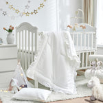 3 Pieces Crib Bedding Set Baby Ruffle Quilted Comforter with Fitted Sheet and Pillowcase - Cute Ruffled Shabby Chic Bedding Soft Blanket Design White