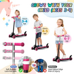 Kick Scooter for Kids 3-7 Ages - Light Up 3 Wheel Scooters,Lean-to-Steer,Three Adjustable Height Scooter for Kids, Wide Dual Rear Wheels,Safe Stable Ride for 3-5,5-7 Year Old Girl Boy Kid - Pink