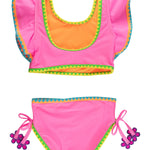 RuffleButts Girls UPF50+ Crochet Detail Butterfly Tankini 2-Piece Swimsuit - Neon Pink, 2T