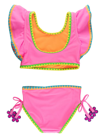 RuffleButts Girls UPF50+ Crochet Detail Butterfly Tankini 2-Piece Swimsuit - Neon Pink, 2T