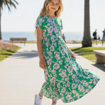 PATPAT Tween Dress for Girls Summer Maxi Long Casual Beach Party Junior Cute Dresses Hawaiian Green Pink Floral Size 10-11
