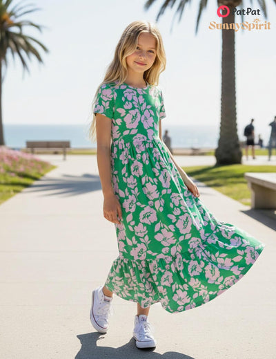 PATPAT Tween Dress for Girls Summer Maxi Long Casual Beach Party Junior Cute Dresses Hawaiian Green Pink Floral Size 10-11