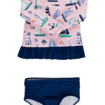 RuffleButts Baby/Toddler Girls Long Sleeve Rash Guard UPF50+ Sun Protected Bikini Swimsuit - Pink Sweet Sails, 3-6m