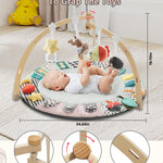 Suihuooo Baby Play Mat Activity Gym,6 Developmental Zones Tummy Time Mat, Foldable Wooden Baby Play Gym with 7 Detachable Sensory Toys for Newborn Brain Development, Essential Baby Shower Set