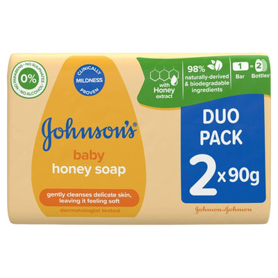 Johnson's baby honey soap duo pack on a white background