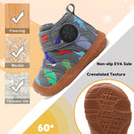 BARERUN Toddler Boots Wide Toe Girls Boys Winter Boots Cozy Fleece Snow Boots Dinosaur Slippers Indoor Outdoor Warm Shoes Grey Baby Shoe Size 12-18 Months