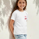 PATPAT Girls T Shirts Size 6-7 Years, White Cherry Print Graphic Tees, Crew Neck Short Sleeve Shirts Kawaii Clothes Big Sister Outfit Dance Tops