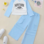 Kucnuzki Toddler Girl Clothes 3T 4T Girl Clothes Fall Outfits Blue Long Sleeve Tops Graphic T Shirt Cargo Pants 2 Piece Clothing Set