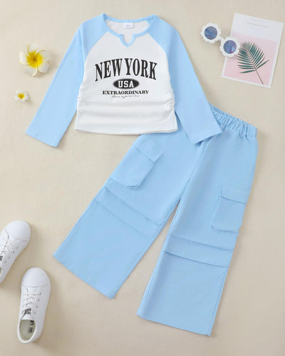 Kucnuzki Toddler Girl Clothes 3T 4T Girl Clothes Fall Outfits Blue Long Sleeve Tops Graphic T Shirt Cargo Pants 2 Piece Clothing Set