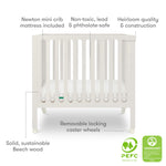Newton Baby Galileo Mini Crib Solid Beech Wood with Wheels in Warm White, Mini Crib Mattress Included, Adjustable Mattress Height, Ultra-Safe Non-Toxic Finish