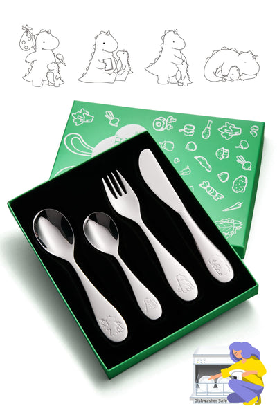 EIUBUIE Toddlers Silverware Set, 18/10 Stainless Steel Safe Kids Silverware, Cute Baby Utensils Reusable Metal Mirror Polished Child Flatware Cutlery Includes Fork Spoon Knife for Eating, 4 Pieces