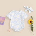 FYBITBO Newborn Infant Baby Girls Clothes Summer Daisy Romper Short Sleeve Bodysuit Cute Outfit One Piece Clothing (Floral-Blue, 0-3 Months)