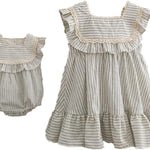 Ashmyova Toddler Girls Linen Summer Casual Dress Kids Vintage Ruffles Stripe Baby Rompers Dresses