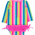 RuffleButts Baby Girls UPF 50+ Sun Protection Novelty Print Long Sleeve One Piece Rash Guard Swimsuit with Zipper - Neon Rainbow Stripe, 2T
