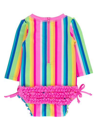 RuffleButts Baby Girls UPF 50+ Sun Protection Novelty Print Long Sleeve One Piece Rash Guard Swimsuit with Zipper - Neon Rainbow Stripe, 2T