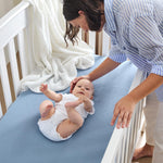 Momcozy Muslin Mini Crib Sheets Fitted - 38''x26'' Pack and Play Sheets for Pack N Play Mattress, 2 Pack Soft & Breathable Natural Cotton Non Slip Bed Cover for Boys, Girls, Blue Star Moon