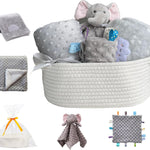CREVENT Baby Welcome Gift Set Storage Basket with 2 Blankets+ 1 Security Blanket + 1 Taggie + 1 Gift Bag with Ribbon (Ivory)