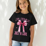 PATPAT Girls T Shirts Size 5-6 Years, Black Bow Print Graphic Tees, Crew Neck Short Sleeve Shirts Kawaii Clothes Cute Outfits Cute Tops