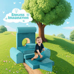 FURNAWAY Modular Kids Play Sofa Multifunctional Kids Sofa Convertible Foam Floor Mat Convertible Play Fort Inspire Children's Creativity and are Made of Velvet Fabric for Both Boys and Girls (Cyan)