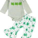 St Patricks Day Baby Girl Outfit Newborn Ribbed Shamrock Onesie Flare Pants Set Romper Bell Bottoms Spring Clothes