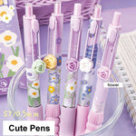 MOZXIRZ 5 Pcs Gel Ink Pens Retractable Pens Cute Flower Pen 0.5mm Black Ink Writing Pen Office School Supplies Aesthetic Pens for Women Girls (Purple)