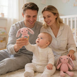 Pink Bunny Wooden Baby Rattle 2 PCS 10'' Rabbit Crochet Cotton Stuffed Animal Toys Set for Baby: Rabbit Plush Doll Toy and 5.9'' Baby Rattle Teddy Bear for Newborn Baby Shower Birthday Gift