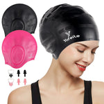 Swim Cap for Women Men - Large Silicone Swimming Cap for Long/Short Hair with 3D Ear Protection, Durable Non-Slip Waterproof Bath Swim Cap with Extra Room for Adults with Ear Plug and Nose Clip