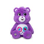 Purple teddy bear with a white belly featuring colorful designs on a white background