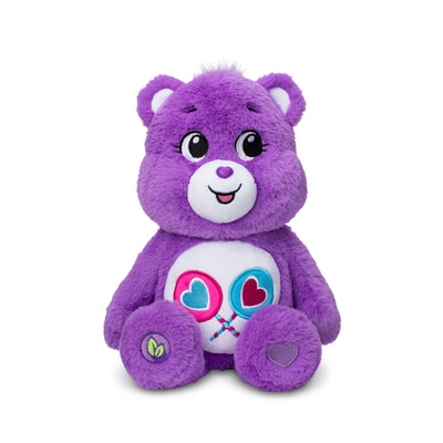 Purple teddy bear with a white belly featuring colorful designs on a white background
