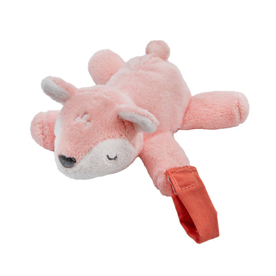 Pink plush toy with a strap on a white background