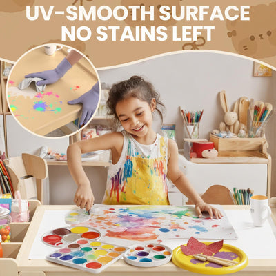 Kids Art Table and Chair Set, Kids Craft Table with Storage, Toddler Activity Play Desk with 2 Chairs, Wood Art Craft Play Desk with Paper Roller for Writing, Drawing, Learning and Reading