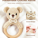 Wooden Baby Rattle, Handmade Crochet Stuffed Animal Organic Rattle Toys, Beige Bear Rattles for Babies 0-6-12 Months with Wood Teething Rings, Baby Announcements Ideas