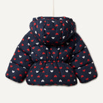 Amazon Essentials x Sofia Grainge Baby Girls' Water-Resistant Hooded Puffer Jacket, Navy Hearts, 18 Months